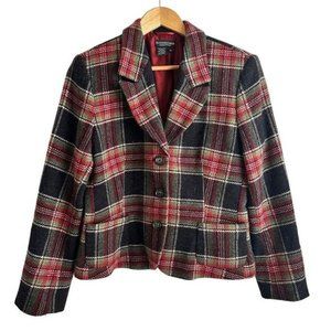J Peterman Company?Vintage Red Black and Green Plaid Wool Blazer